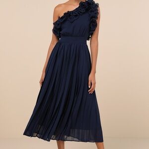 Lulus Splendid Charisma Navy Ruffled Pleated One-shoulder Midi Dress Blue